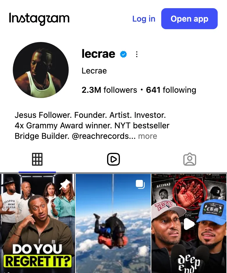 Lecrae’s Instagram profile: verified, 2.3M followers, 4x Grammy Award winner