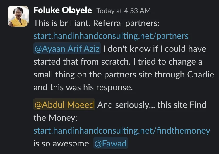 Slack message from Foluke Olayele: “This is brilliant.”