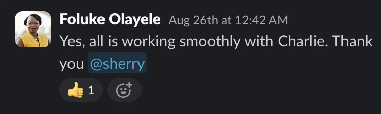 Slack message from Foluke Olayele: “Yes, all is working smoothly with Charlie.”