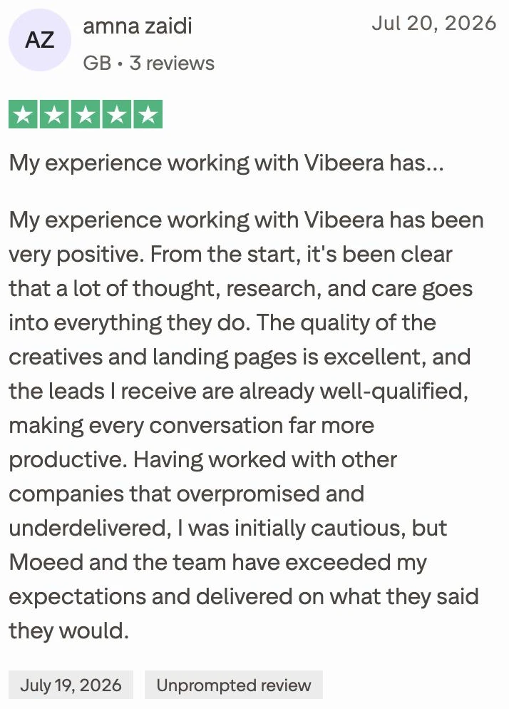 Trustpilot review by Amna Zaidi, five stars: the leads I receive are already well-qualified.